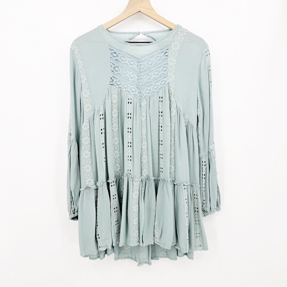 Free People Embroidered Lace Crochet Tiered Tunic Size XS Boho Peasant Oversized